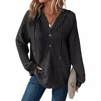 Hoodies for Women Waffle Knit Long Sleeve Drawstring Button V Neck Casual Pullover Sweatshirt Tops