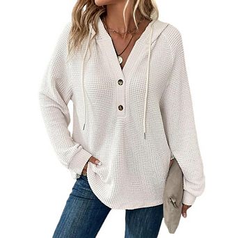 Hoodies for Women Waffle Knit Long Sleeve Drawstring Button V Neck Casual Pullover Sweatshirt Tops