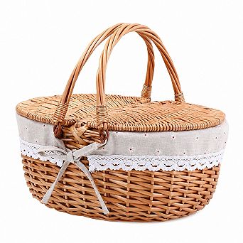 Wicker Picnic Basket With Lid Handle Washable Lining Sturdy Woven Body Outdoor Use