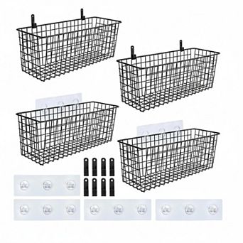 4 Set Extra Large Wall Mount Storage Baskets Adhesive Hooks Steel Multiuse Sturdy Wire Organizer for
