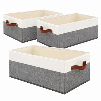 3 Pack Large Capacity Fabric Closet Organizer Baskets With Leather Handles Stackable Storage Bins
