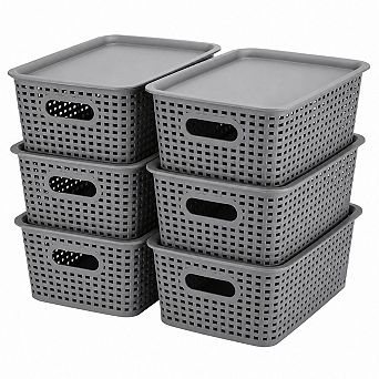 6 Pack Plastic Lidded Storage Baskets Organizer for Shelves Closet Office Playroom
