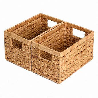 2 Pack Handwoven Water Hyacinth Storage Baskets With Handles For Home Organization