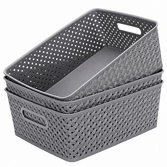 3 Pack Large Plastic Woven Storage Baskets With Handles For Home Office Organization