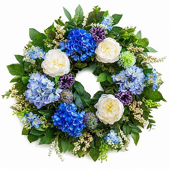 26 Inch Artificial Spring Wreath With Blue Hydrangea White Peony Eucalyptus For Front Door Decor