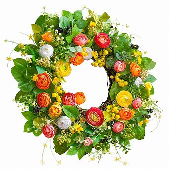 24 Inch Spring Summer Front Door Wreath with Lotus, Daisies, Berries for Home Wedding Holiday Decor