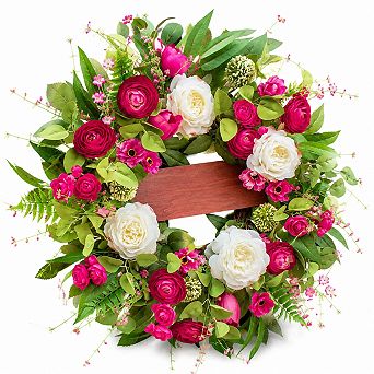 24 Inch Spring Summer Wreath With Peony Tulip Rose Flowers Hello Wooden Sign Farmhouse Porch Decor