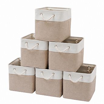 6 Pack Collapsible Linen Fabric Storage Bins With Rope Handles