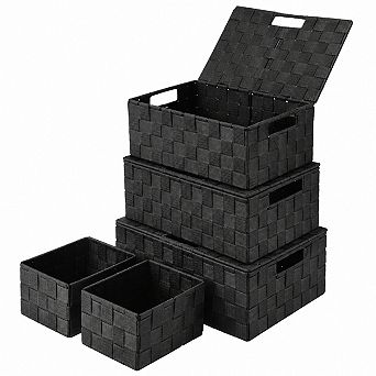 5 Pack Stackable Woven Storage Baskets With Lids Built in Handles Organizing Bins
