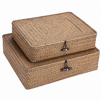 2 Pack Handwoven Seagrass Storage Baskets With Lids Multipurpose Home Organizers