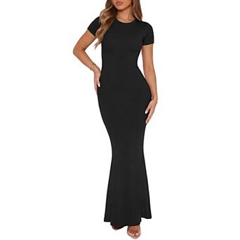 Women's Modal Ribbed Mermaid Maxi Dress Short Sleeve Crew Neck Casual Lounge Wear