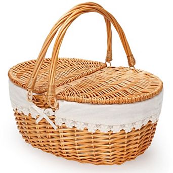 Wicker Picnic Basket with Lid Removable Liner Folding Handle for 2 Person Outdoor Camping Storage