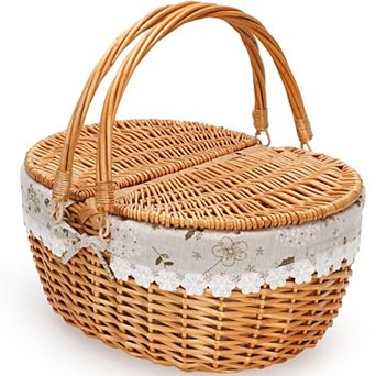 Wicker Picnic Basket with Lid Removable Liner Folding Handle for 2 Person Outdoor Camping Storage