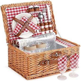 Wicker Picnic Basket 2 Person Insulated Willow Hamper Ceramic Plates Wine Glass Cutlery Set