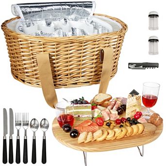 Wicker Picnic Basket Set for 2 with Foldable Wine Table Insulated Cooler Bag Cutlery Kit