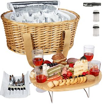 Wicker Picnic Basket Set for 4 with Folding Wine Table & Insulated Cooler