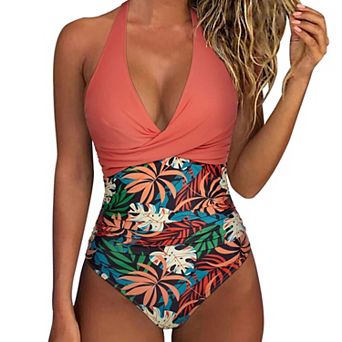 Women's One Piece Swimsuits Tummy Control Ruched Push Up Bathing Suit Tie Back Slimming Swimwear