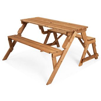 Costway 2-in-1 Transforming Interchangeable Wooden Picnic Table Bench w/Umbrella Hole