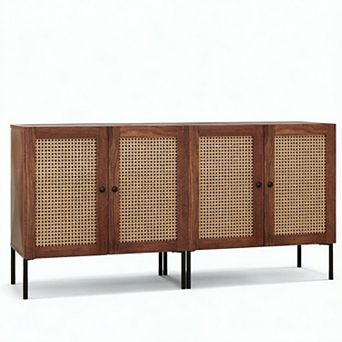 Costway Set of 2 Rattan Buffet Sideboard Wine Cabinet Cupboard w/Adjustable Shelf