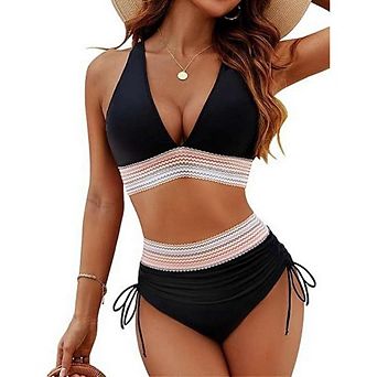 Women Color Block High Waisted Tummy Control Bikini Sets
