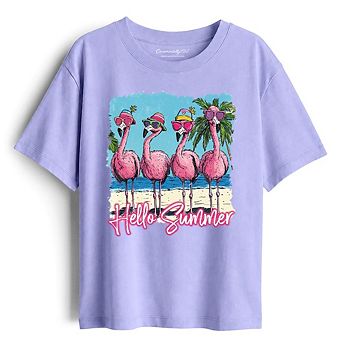 Kids Flamingo Hello Summer T-Shirt, Tropical Beach Vacation Youth Tee