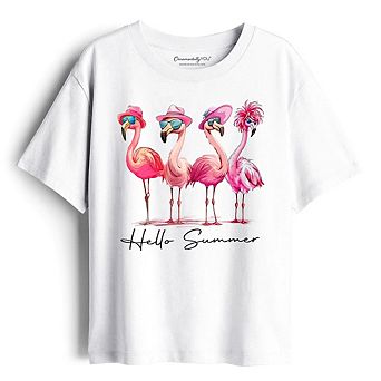 Kids Flamingo Hello Summer T-Shirt, Retro Tee with Tropical Birds for Youth Girls