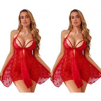 2 Packs Women's Front Closure Lingerie Sets Lace Heart Print Dress Nightgown Thong Set VNeck Chemise
