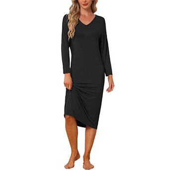Women's Pajama Dress V Neck Drop Shoulder Midi Nightgown