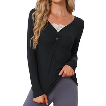 Womens Basic Tops V Neck Lace Pleated Button Long Sleeve Shirts