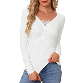 Womens Basic Tops V Neck Lace Pleated Button Long Sleeve Shirts