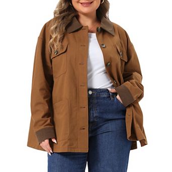 Women's Plus Size Button Front Utility Jacket, Loose Long Sleeve Outerwear with Pockets