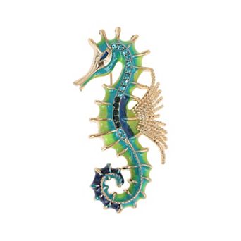 Seahorse Brooch Pin Ocean‑Themed Embellishment Blue Green Gold Tone 1 pc