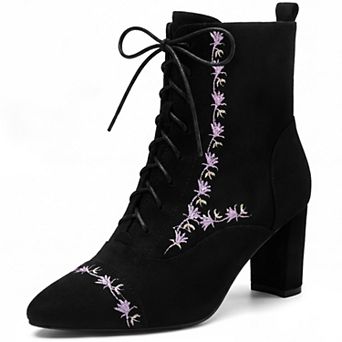 Women's Embroidered Lace‑Up Pointed Toe Side Zipper Chunky Heel Ankle Boots