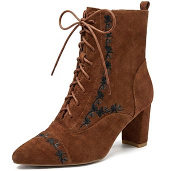 Women's Embroidered Lace‑Up Pointed Toe Side Zipper Chunky Heel Ankle Boots