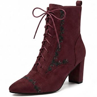 Women's Embroidered Lace‑Up Pointed Toe Side Zipper Chunky Heel Ankle Boots