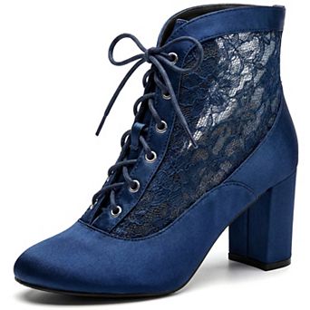 Women's Satin Lace Ankle Boots, Lace‑Up Block Heel Round Toe Booties