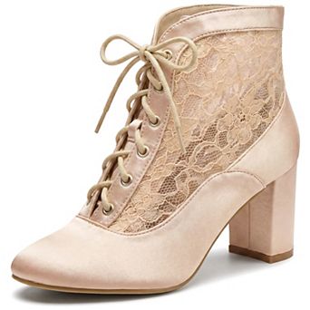 Women's Satin Lace Ankle Boots, Lace‑Up Block Heel Round Toe Booties
