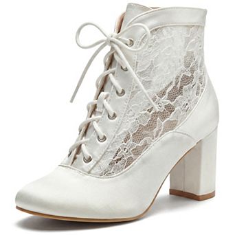 Women's Satin Lace Ankle Boots, Lace‑Up Block Heel Round Toe Booties