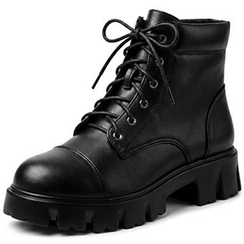 Women's Platform Combat Ankle Boots, Lace‑Up Side Zipper Lug Sole Chunky Heel Casual Booties