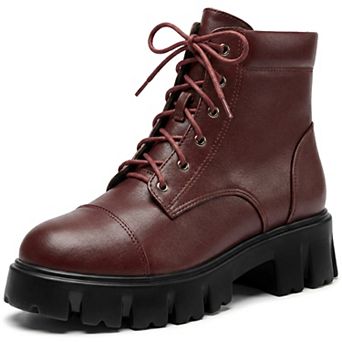 Women's Platform Combat Ankle Boots, Lace‑Up Side Zipper Lug Sole Chunky Heel Casual Booties