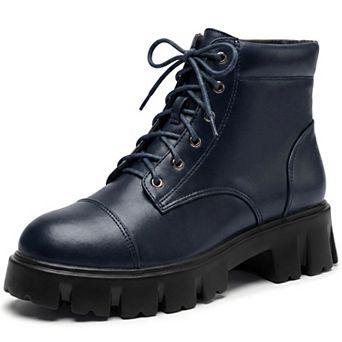 Women's Platform Combat Ankle Boots, Lace‑Up Side Zipper Lug Sole Chunky Heel Casual Booties
