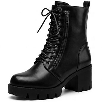 Women's Round Toe Platform Combat Ankle Boots, Lace‑Up Side Zipper Chunky Heel Booties
