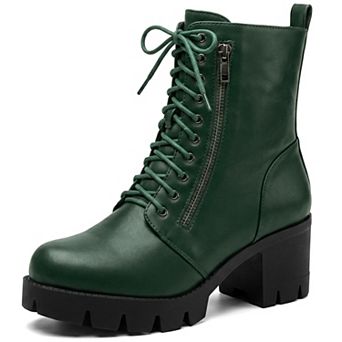Women's Round Toe Platform Combat Ankle Boots, Lace‑Up Side Zipper Chunky Heel Booties