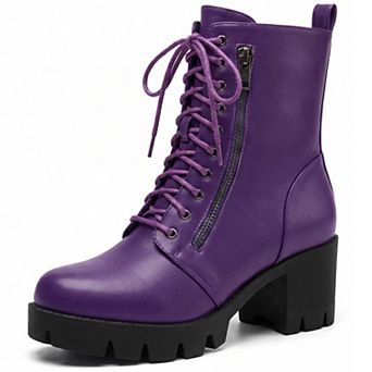 Women's Round Toe Platform Combat Ankle Boots, Lace‑Up Side Zipper Chunky Heel Booties