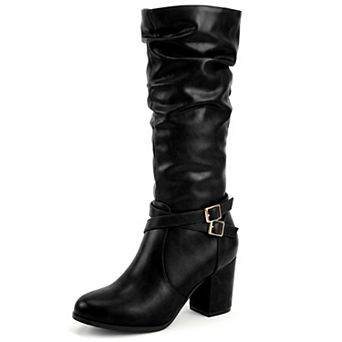 Women's Round Toe Knee‑High Boots, Metal Buckle Decor Side Zipper Block Heel Tall Boots
