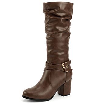 Women's Round Toe Knee‑High Boots, Metal Buckle Decor Side Zipper Block Heel Tall Boots