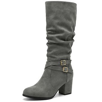 Women's Round Toe Knee‑High Boots, Metal Buckle Decor Side Zipper Block Heel Tall Boots