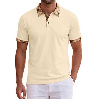 Men's Short Sleeve Golf Polo Shirts with Plaid Collar and Cuffs for Casual Wear