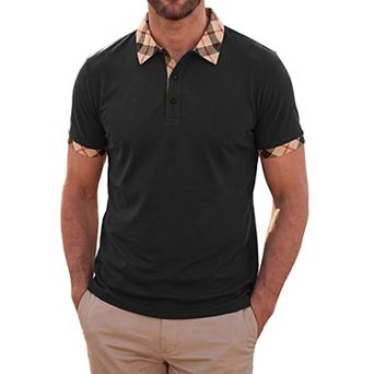 Men's Short Sleeve Golf Polo Shirts with Plaid Collar and Cuffs for Casual Wear