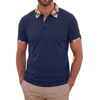 Men's Short Sleeve Golf Polo Shirts with Plaid Collar and Cuffs for Casual Wear